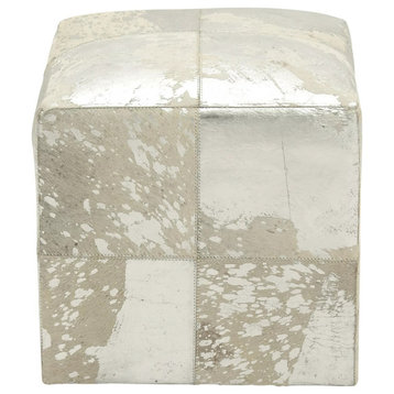 Modern Ottoman/Stool, Animal Patchwork Leather Upholstery, White/Square