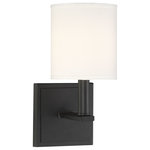 Savoy House - Waverly 1-Light Sconce, Matte Black - Chic and contemporary! The Waverly wall sconce is a sleek fixture to add a beautiful, polished layer of light to your home's overall interior lighting design. Plus, the clean lines and soft glow create a subtle and serene mood. The frame has an outlined, square wall plate and a bold, L-shaped light arm, with an on-trend, matte black finish. A streamlined, cylindrical white shade encloses one 60W, C-style bulb for lovely, glare-free illumination. The Waverly's elegance blends well with many decor styles, such as modern, farmhouse, and transitional. And the sconce measures 5" wide and 11" high, extending 6.5" from the wall an ideal fit for a bathroom, bedroom, dining area, living room, kitchen, family room, foyer, media room, office, or hallway.