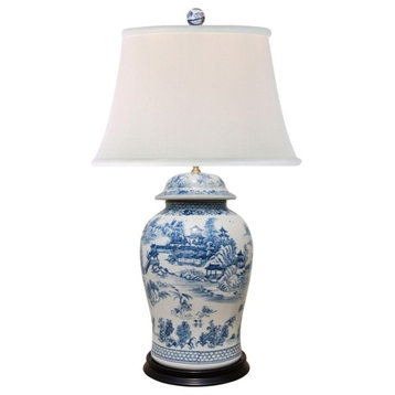Beautiful Chinese Blue and White Blue Willow Porcelain Temple Jar Table Lamp 35"