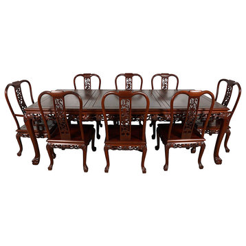 Consigned, Vintage Chinese Carved Rosewood Dining Table With 8 Chairs Set