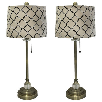 28" Crystal Buffet Lamp With Moroccan Print Drum Shade, Antique Brass, Set of 2