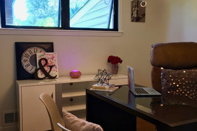 Home office - mid-sized transitional freestanding desk dark wood floor and brown floor home office idea in Denver with white walls