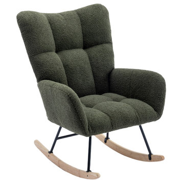 TATEUS Solid Wood Plush Velvet Nursery Rocking Chair for Living Room, Dark Green