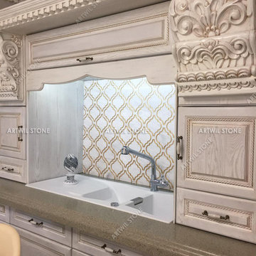 classic kitchen backsplash with white and Gold natural stone (Noble Gold)