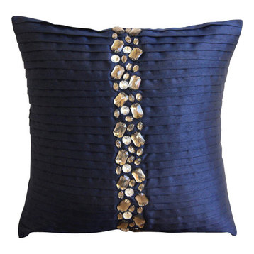 Navy Striped Pillow Art Silk 20"x20" Throw Pillow Cover, Navy Blue Crystals