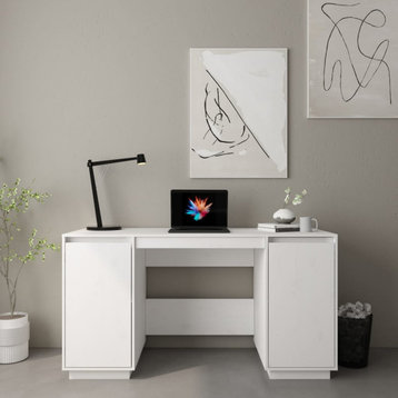 vidaXL Desk Computer Desk with Storage Cabinet for Home White Solid Wood Pine