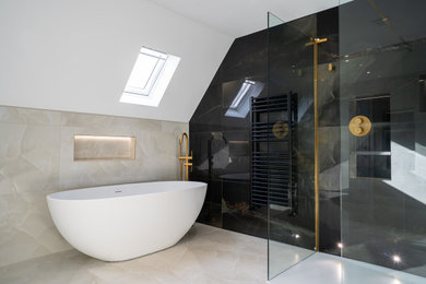 Photo of a large modern ensuite bathroom in Essex with a freestanding vanity unit.