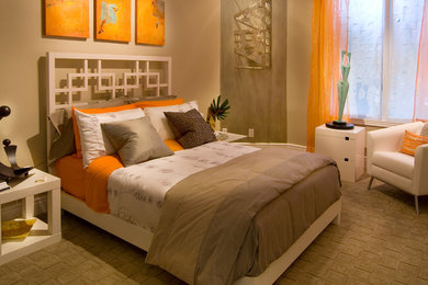 Small trendy carpeted bedroom photo in Other with gray walls