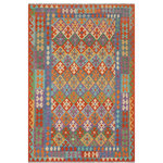Bareens Designer Rugs - Tribal Turkish Kilim Arthur Hand-Woven Wool Rug - 5'6'' x 7'11'' - Elevate the elegance of your home with this stunning hand-woven tribal Kilim wool rug. Meticulously crafted on a loom by the Nomad Turkman people using hand-spun wool and 100% natural vegetable dyes, these rugs are recognized for their repetitive geometric patterns, incorporating naturalistic floral and traditional designs. The contemporary fashion palette results in bold, sharp patterns that are incredibly versatile, as the pattern is the same on both sides. These reversible rugs feature a lighter shade on one side and brighter colors on the other, providing versatility according to preference. These unique rugs are made by knotting short strands of different colors onto the warps and securing them by tightly pressing the wefts. The designs are created by interweaving the various colored wefts and warps. Kilims are known for their exceptional durability and versatility, making them truly unique rugs.  Product Details    Rug Size: 5'6'' x 7'11''  Material: 100% Wool  Style: Kilim, Flat Weave, Dhurrie, Turkish, Southwestern, Rustic, Tribal  Colors: Rust, Blue  Weave Type: Hand-Woven, Handmade  Pile Height: Less than 0.25 inch