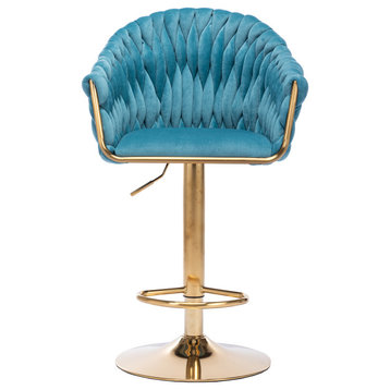 Tufted Upholstered Vintage Bar Stools With Back and Footrest Counter, Blue