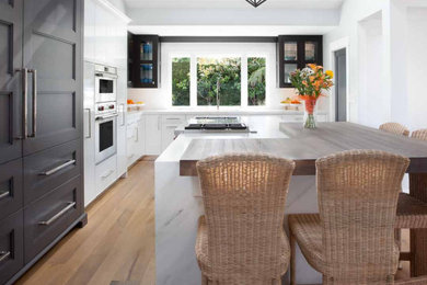 Example of a transitional eat-in kitchen design in Orange County with an island