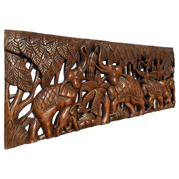 Elephants in Forest Wood Carved Wall Panel, Tropical Asiana Home Decor