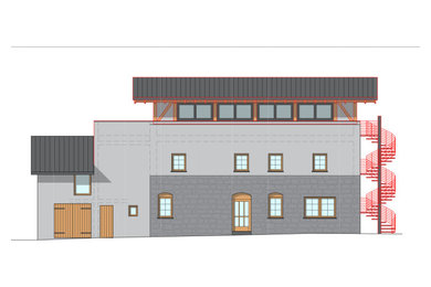 Ejemplo de fachada de casa gris y gris tradicional de tamaño medio de tres plantas con revestimiento de hormigón, tejado plano y tejado de metal