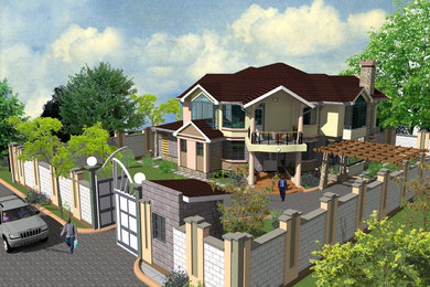 Example of a mid-sized trendy two-story stone exterior home design in Other with a hip roof