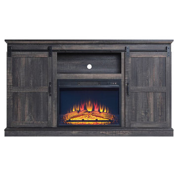 Manhattan Comfort Myrtle 60" Fireplace With Doors & Wire Management, Heavy Brown