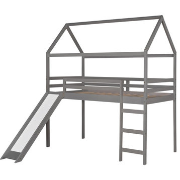 Gewnee Twin Loft Bed with Slide, House Bed with Ladder in Gray