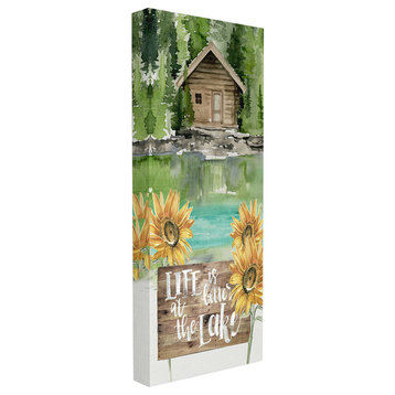 Cabin by a Lake with Sunflowers Watercolor Painting Stretched Canvas, 10"x24"