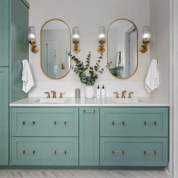 Elegant Primary En Suite, Powder Bathroom & Laundry Room w/ Matte Gold Accents