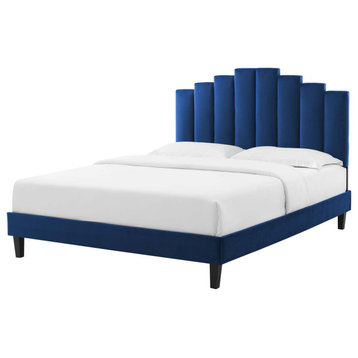 Platform Bed Frame, King Size, Velvet, Blue Navy, Modern Contemporary, Bedroom