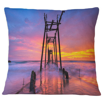 Discarded Wooden Bridge at Sunset Pier Seascape Throw Pillow, 16"x16"