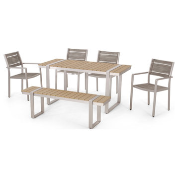 Conley Outdoor 6 Piece Aluminum Dining Set, Natural, Gray, and Silver