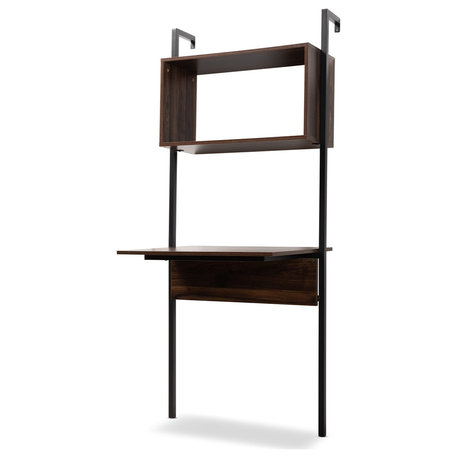 Modern Industrial Walnut Brown Finished Wood Black Metal Display Shelf With Desk