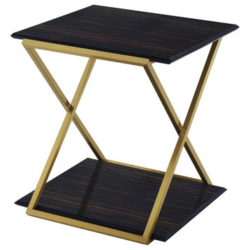 Modern End Table, Brushed Gold Metal Frame With Lower Open Shelf, Dark Brown