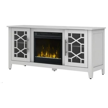 Contemporary TV Stand, Electric Fireplace and 2 Cabinet Glass Doors, Pure White, Pure White