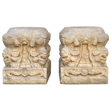 Pair Chinese Foo Dog Carving Marble Stone Base Garden Stool Tables Hcs7203