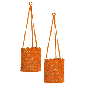 Modé Crochet 8" x 8" x 8" Hanging Baskets (Set of 2), Orange