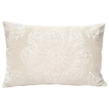 Mancini Medallion Embroidered 16x24 Throw Pillow, Natural and Cream