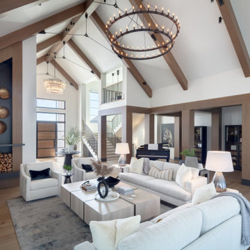 Great Room Living Room Family Room Design with Fireplace and Built-in Bookshelf
