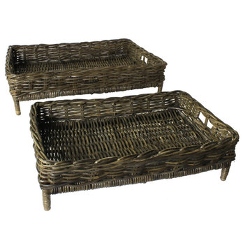 Set of Two Brown Rattan Trays