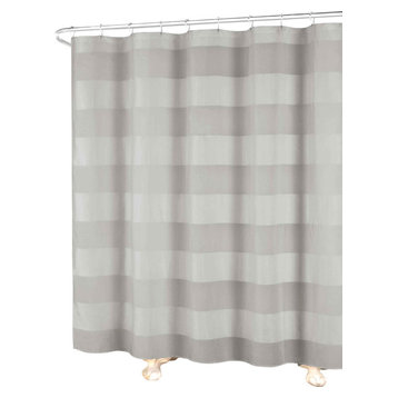 Grey Semi Sheer Fabric Shower Curtain, Wide Stripe Design