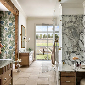 Luxury Bathroom Design Dallas – Marble Slab Shower, Custom Vanity & Botanical Wa