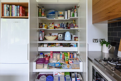 This is an example of a small modern kitchen pantry in Melbourne with flat-panel cabinets, white cabinets, stainless steel benchtops, black splashback, ceramic splashback, stainless steel appliances, medium hardwood floors and brown floor.