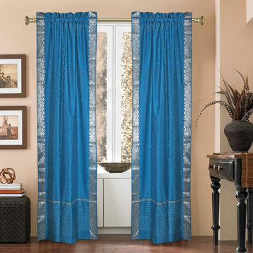 Lined-Turquoise Rod Pocket  Sheer Sari Curtains w/ Silver Border-43Wx120L-Pair