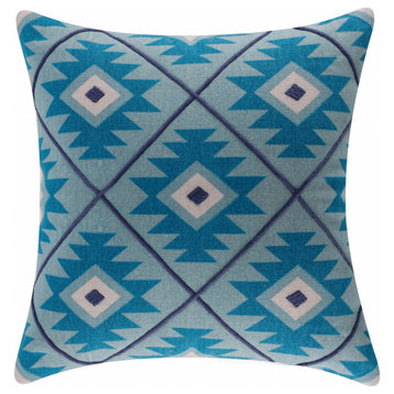 20" X 20" Blue And White 100% Cotton Geometric Zippered Pillow