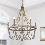 LALUZ - 6-Light Rustic Wagon Wheel Candle Chandelier, Gray - Update your home with this stunning 6-light wood chandelier as perfect touch to give rustic ambiance. The stunning time-worn cascading wooden beads drape off a wagon wheel silhouette that holds six candelabra-style bulbs, suspended from weathered rope chains. Together these elements create a warm, and elegantly simple update to these traditionally-styled fixtures.This candle chandelier will be a dashing addition in your dining room or over your kitchen table.