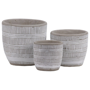 3-Piece Decorative Pot Set With Banded Rim Embossed Lattice Lines, White