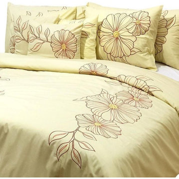 Twin Duvet Cover in Soft Yellow Cotton with Embroidery, Yellow Floral Garden