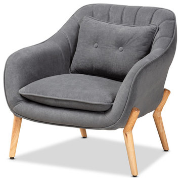 Valentina Gray Velvet Fabric Upholstered And Natural Wood Finished Armchair