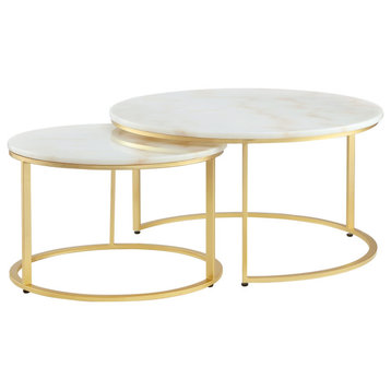 2-Piece Inspired Home Araya Coffee Table, Round Marble/Stackable, Gold