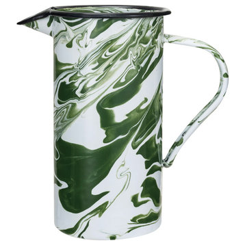 Marbled Enameled Pitcher With Black Rim, Green and White