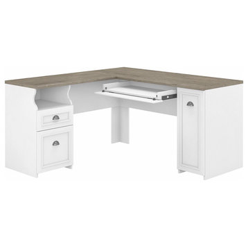Modern Farmhouse L-Shaped Desk, Ample Storage Space & Keyboard Tray, White/Gray