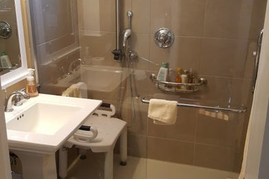 Inspiration for a small timeless master beige tile and porcelain tile porcelain tile walk-in shower remodel in Kansas City with a two-piece toilet, beige walls and a pedestal sink