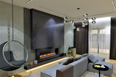 Example of a mid-sized trendy open concept light wood floor and beige floor living room design in Atlanta with gray walls, a tile fireplace and no tv