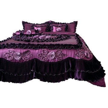 Purple Midnight Bloom Faux Satin Ruffle Comforter Set, King