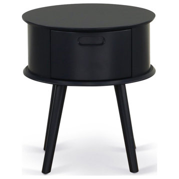 Gordon Round Night Stand End Table With Drawer, Black Finish
