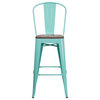 30" High Metal Barstool With Back and Wood Seat, Mint Green